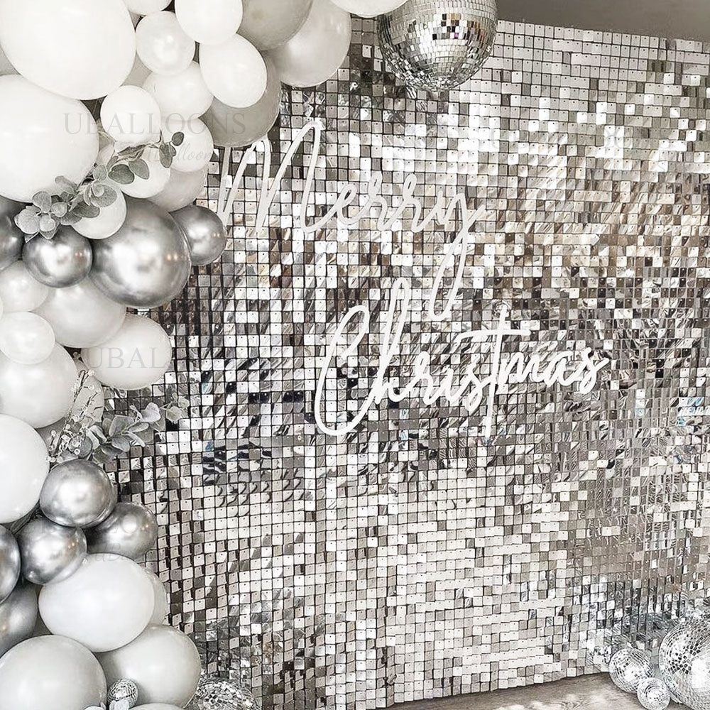 Pvc Panel Background - Silver Sequin Wall ฉากหลังแผง 12/18/24pcs Shinny